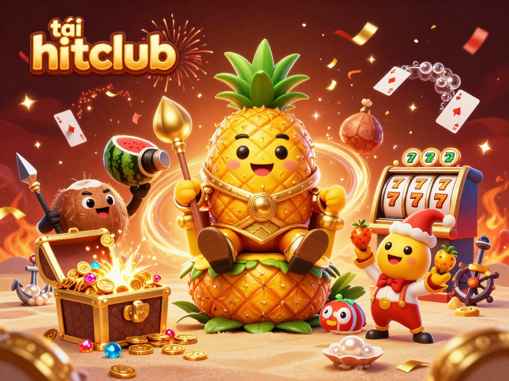 Engage with tải hitclub's vibrant slot machine experience featuring a golden pineapple king and festive underwater treasures.