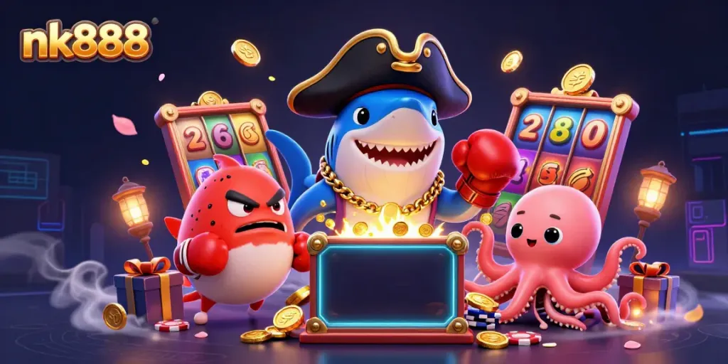 Experience exhilarating gameplay with nk888 as a cartoon pirate shark, pufferfish, and octopus showcase casino excitement with spinning slot reels and golden coins.