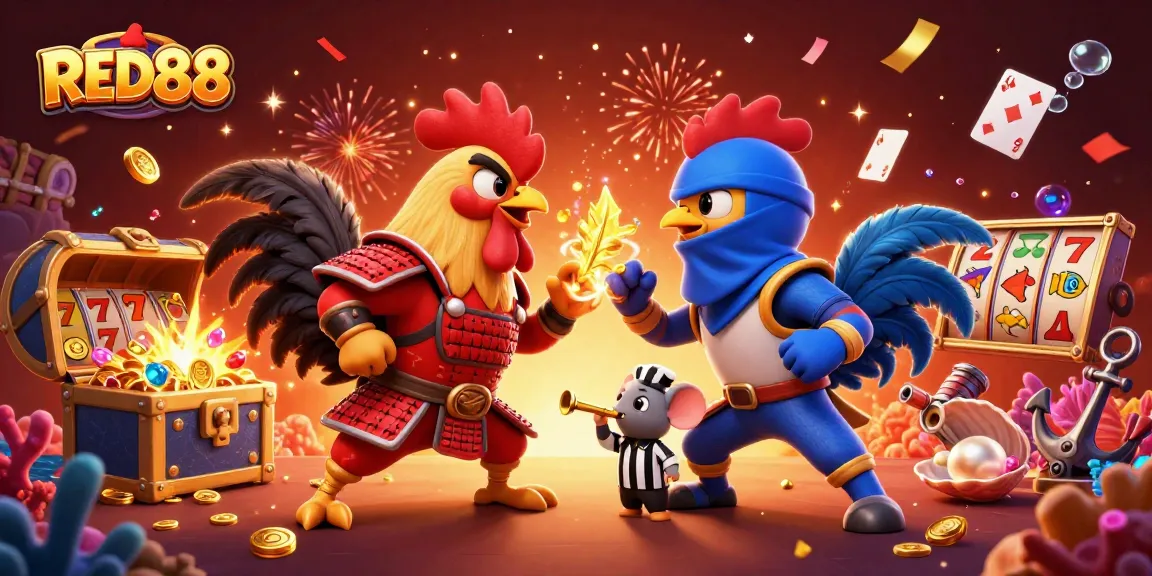 Engage with RED88's thrilling slot experience featuring dynamic roosters and casino elements.