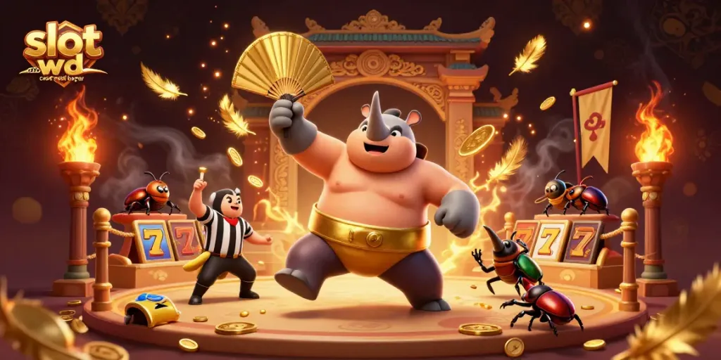 Experience winning moments with slot wd cepat pasti bayar in this vibrant 3D illustration featuring a beetle sumo champion.