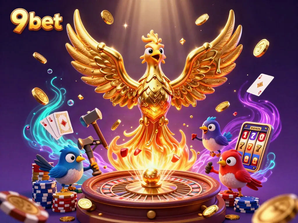 Play exciting games at 9 bet with a dynamic scene featuring golden phoenix and casino elements.