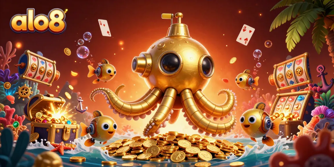 Experience the thrilling underwater adventure at alo8 with a golden kraken and treasure in a vibrant casino scene.