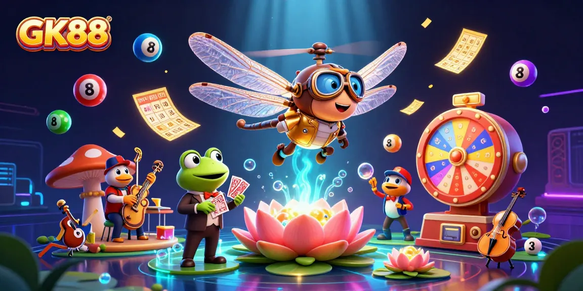 GK88 showcases a lively casino scene with a dragonfly pilot and frog dealer in action.