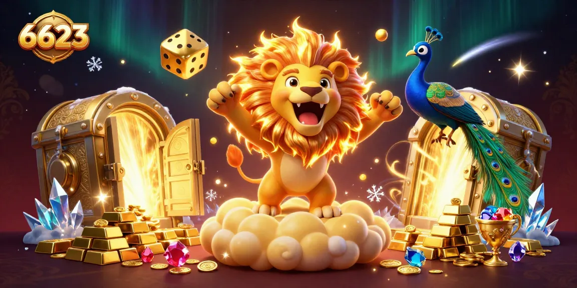 Play thrilling slots with 6623 featuring golden dice and a roaring lion amidst treasures.