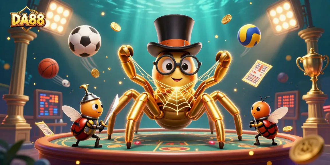 Experience the thrill of DA88 with a golden tarantula and sports-themed elements in a vibrant casino scene.