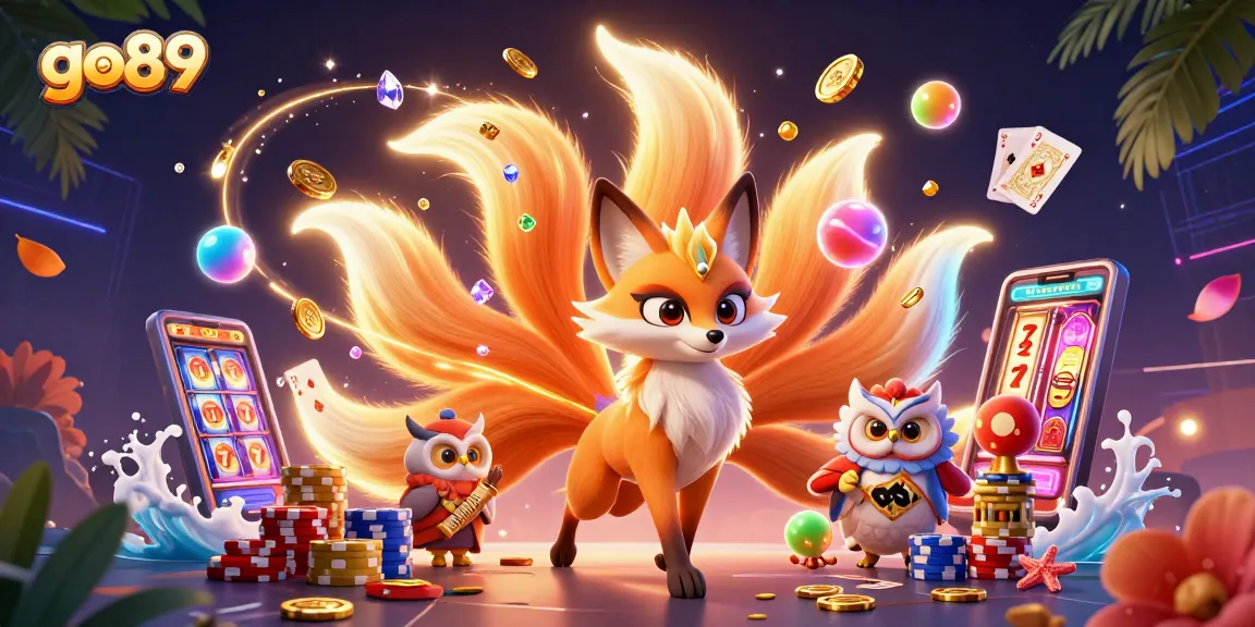 Spin the reels and win at go89, featuring vibrant characters amidst a jackpot of coins and cards.