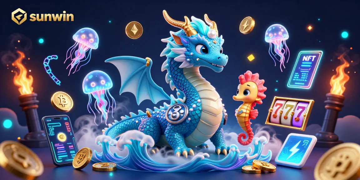 Play with sunwin's immersive casino magic featuring a glowing azure dragon and cryptocurrency elements.
