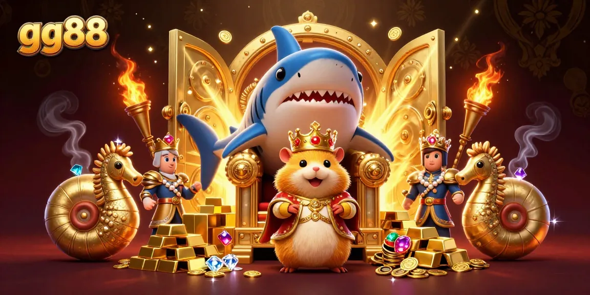 Join the adventure at GG88 with a golden hamster king in a vibrant casino scene filled with treasures.