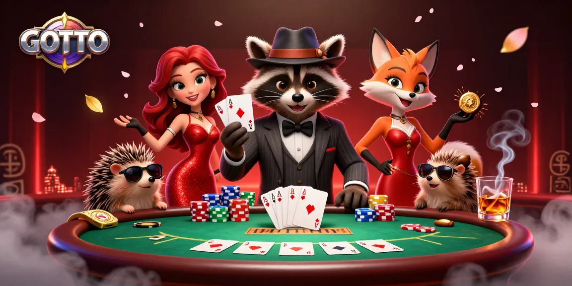 Terlibat dalam permainan poker yang mendebarkan dengan GOTOTO menampilkan rakun, rubah, dan landak dalam suasana kasino yang hidup.