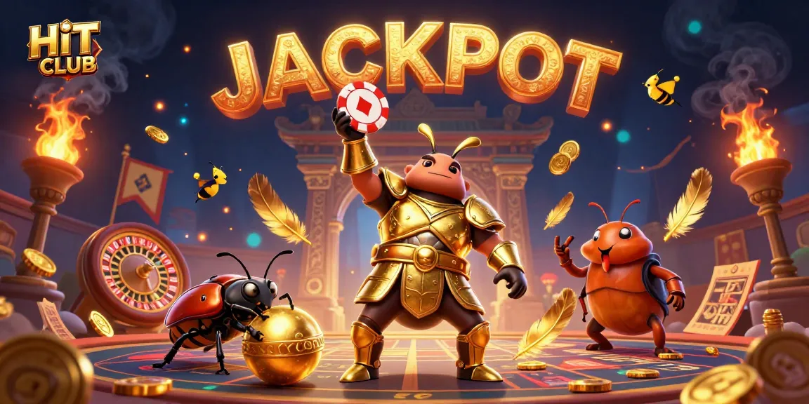 Win big with HITCLUB as Hercules beetle celebrates a poker win in a vibrant gaming arena.