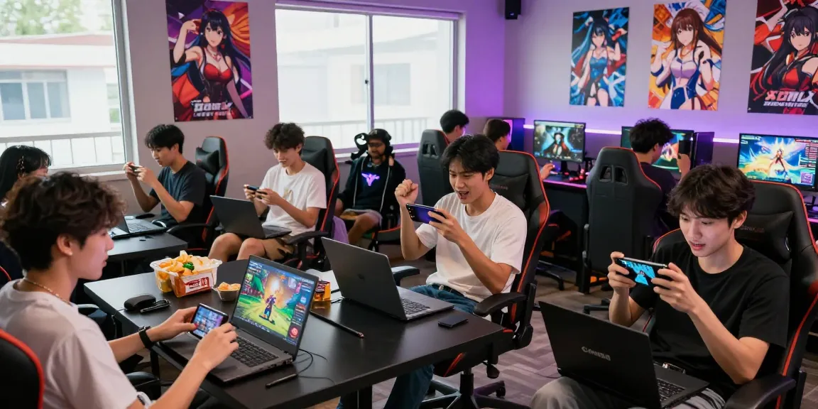 Exciting gaming scene showcasing friends playing hentai games together on their devices.