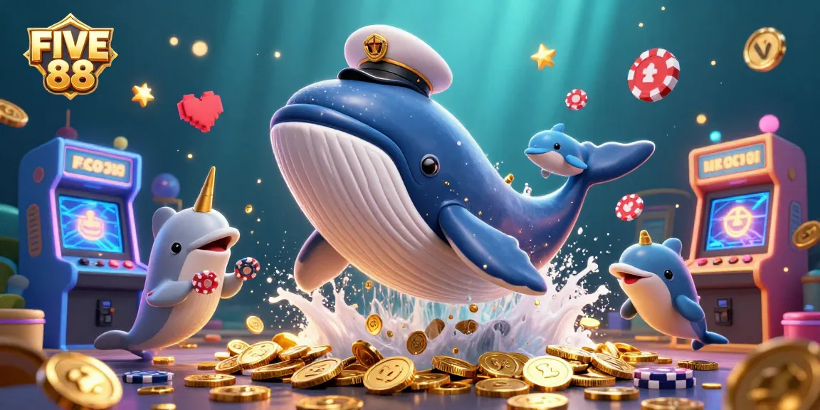Experience the excitement of FIVE 88 as a whale, narwhal, and dolphins engage with vibrant gambling elements.