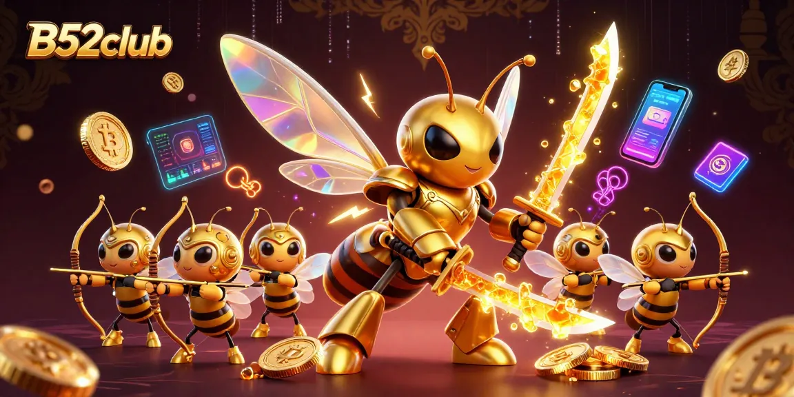 B52club showcases thrilling gameplay with a large golden hornet in samurai armor and dynamic cryptocurrency elements.