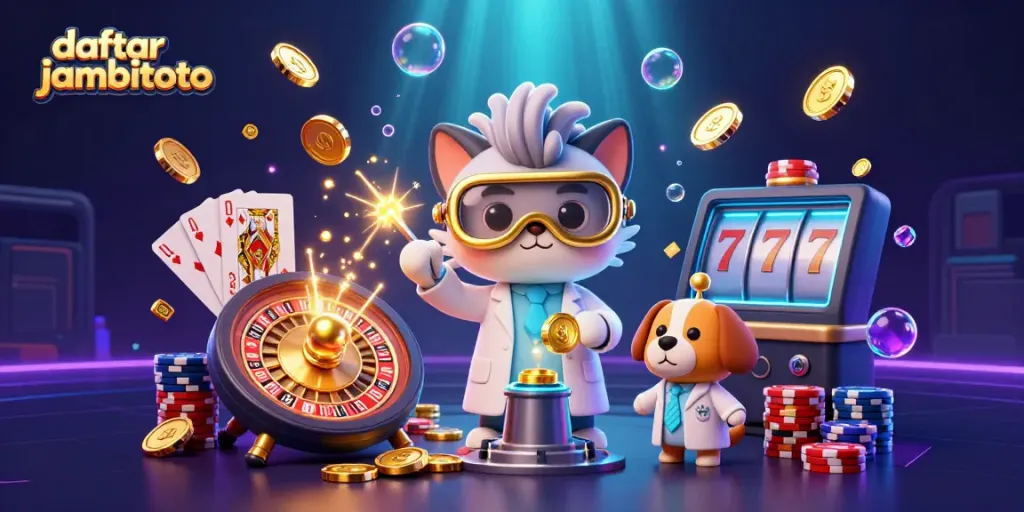 Engage with daftar jambitoto in this vibrant 3D casino illustration featuring a mad scientist cat and lab dog.