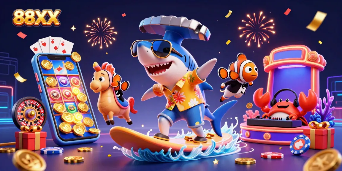 Experience thrilling wins at 88XX casino with vibrant 3D illustration featuring playful sea characters.
