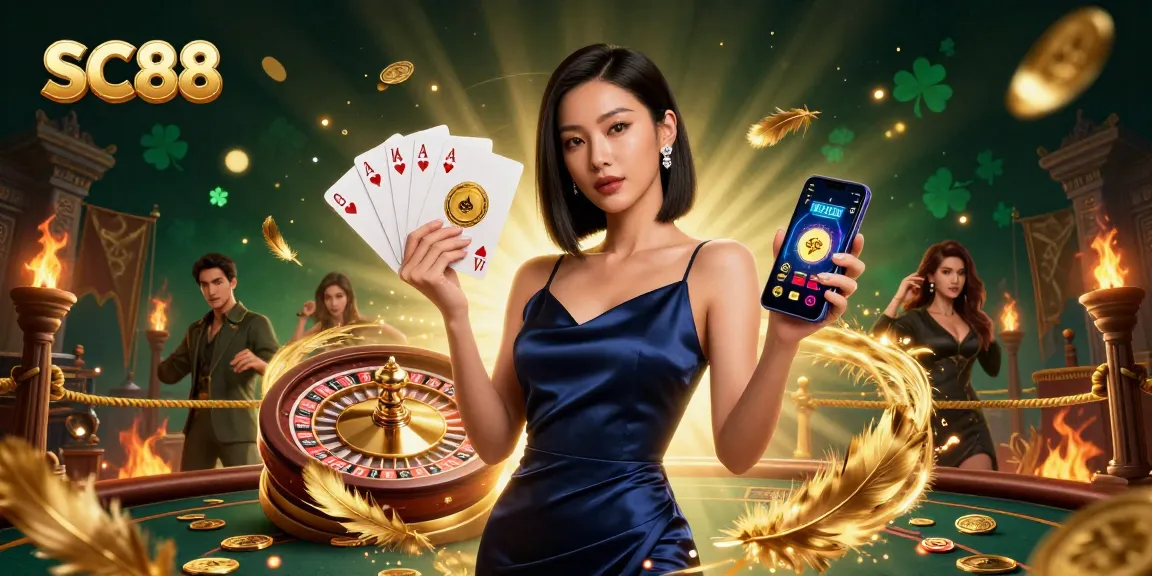 Experience SC88 online gaming excitement with a confident woman showcasing casino app and golden chip.