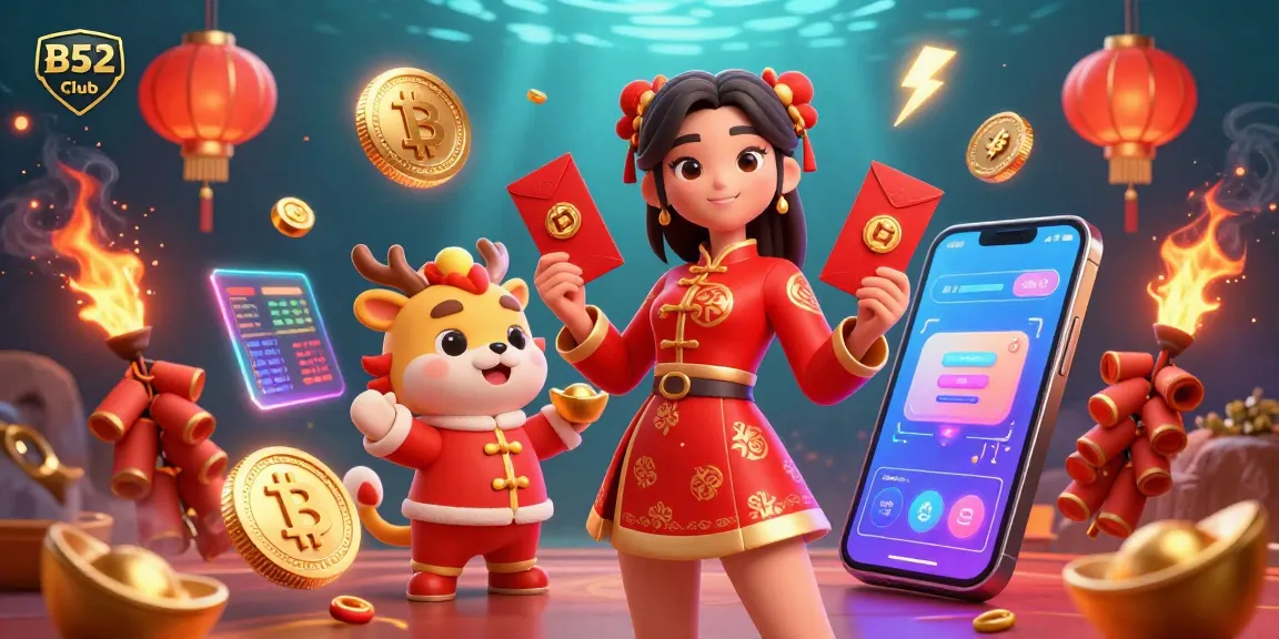 B52 Club showcases a vibrant Lunar New Year scene celebrating online gambling with crypto elements.