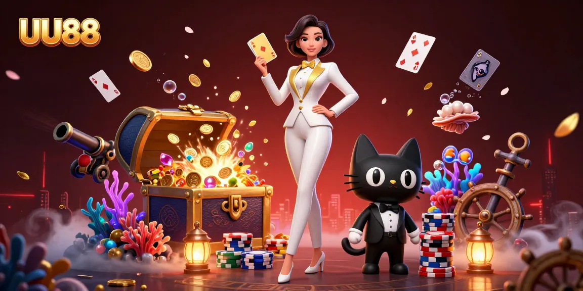 Join the fun at UU88 while shuffling cards in a vibrant casino-themed illustration.