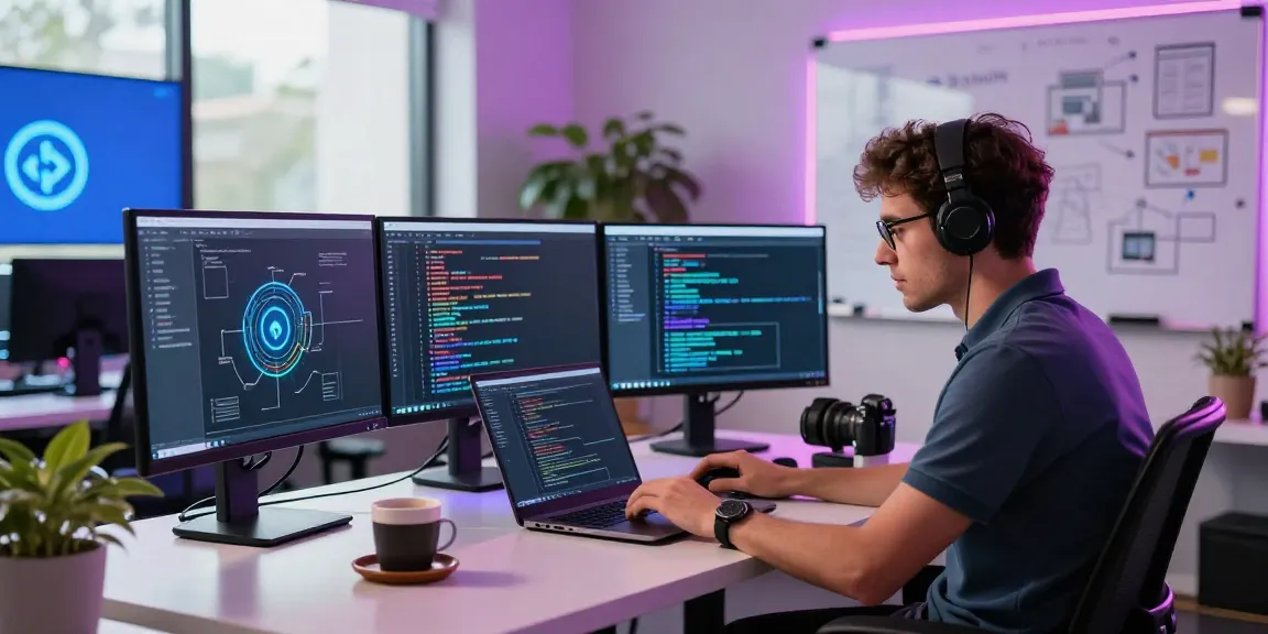 Web3 development workspace with a coder at work, multiple screens showing blockchain projects.