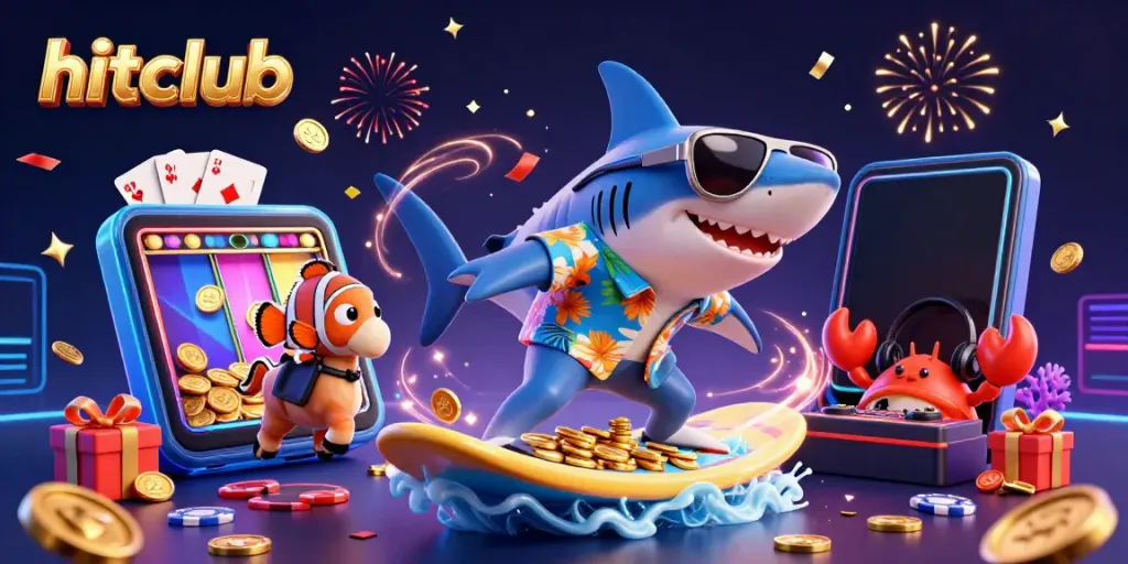 Experience the excitement of hitclub with the hammerhead shark surfing gold coins and dynamic casino elements.