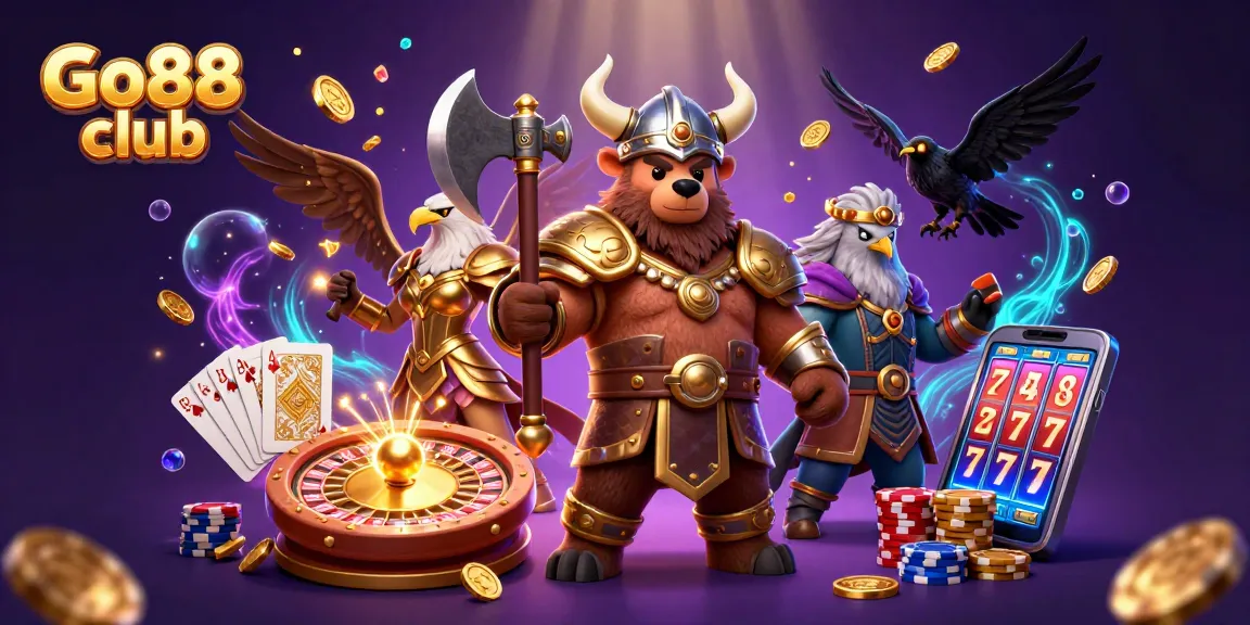 Experience thrilling gameplay with Go88 club's vibrant 3D casino illustration showcasing dynamic elements and characters.