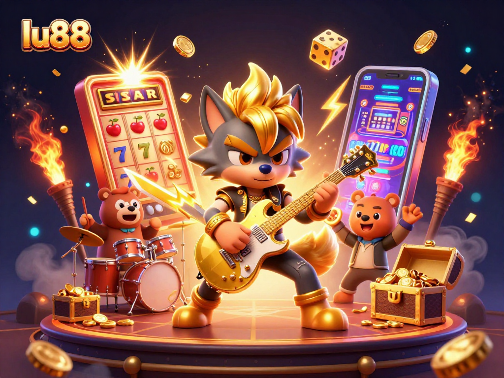 Experience the excitement of lu88 with a thrilling 3D casino scene featuring vibrant characters and dynamic game elements.