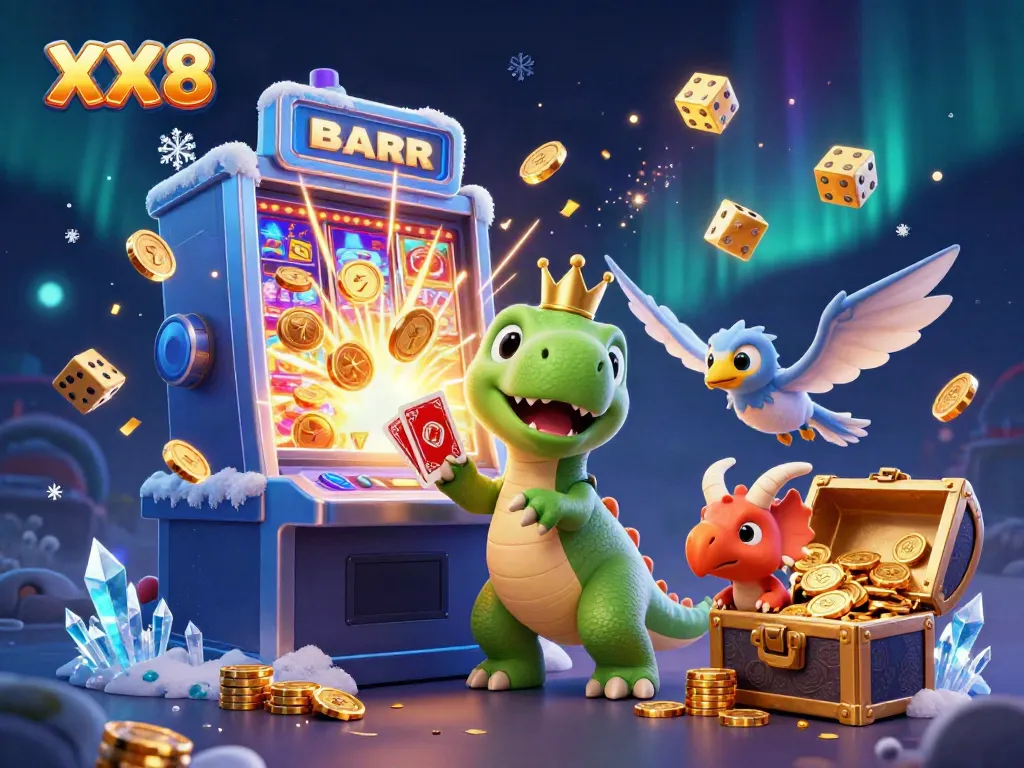 Engage in exciting gameplay with XX 8, featuring fun dinosaur characters and vibrant casino elements.