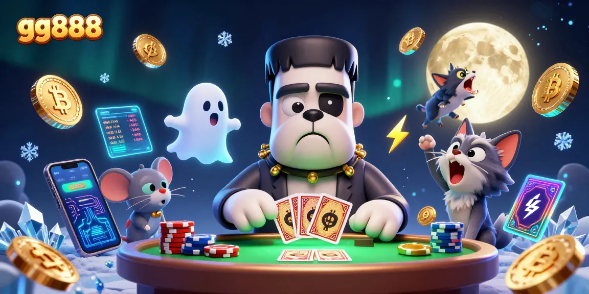 gg888 captures a thrilling card game scene with quirky characters at a spooky table.