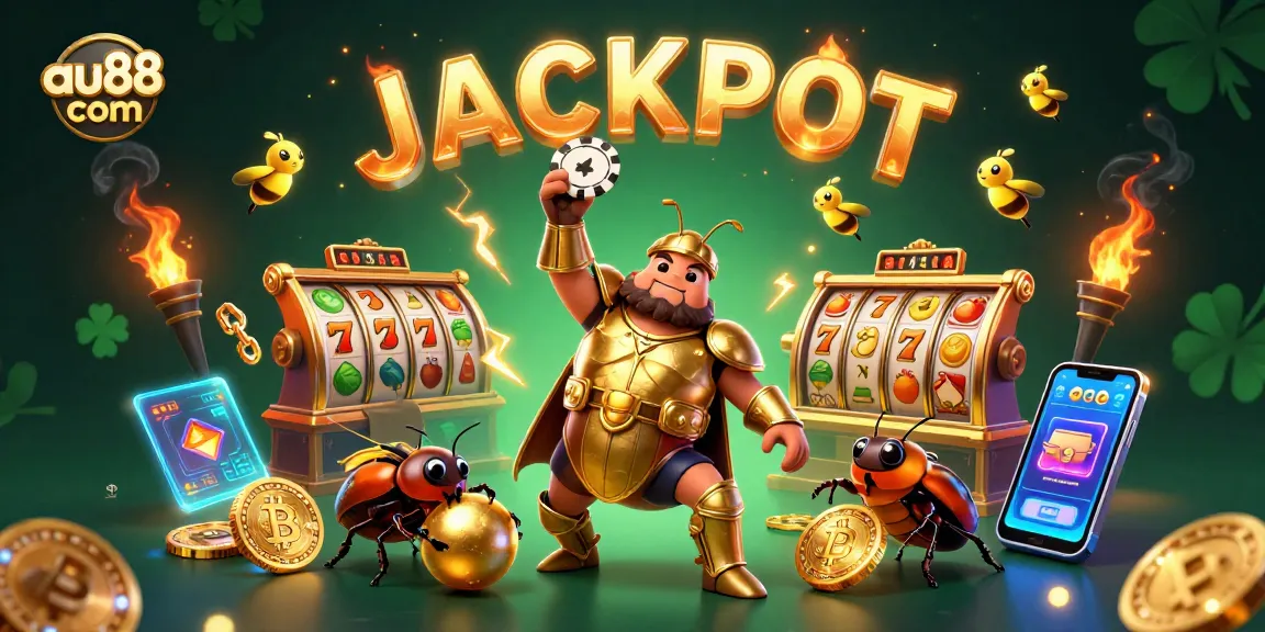 Win big at au88 com with this vibrant illustration featuring heroes, jackpots, and casino elements.