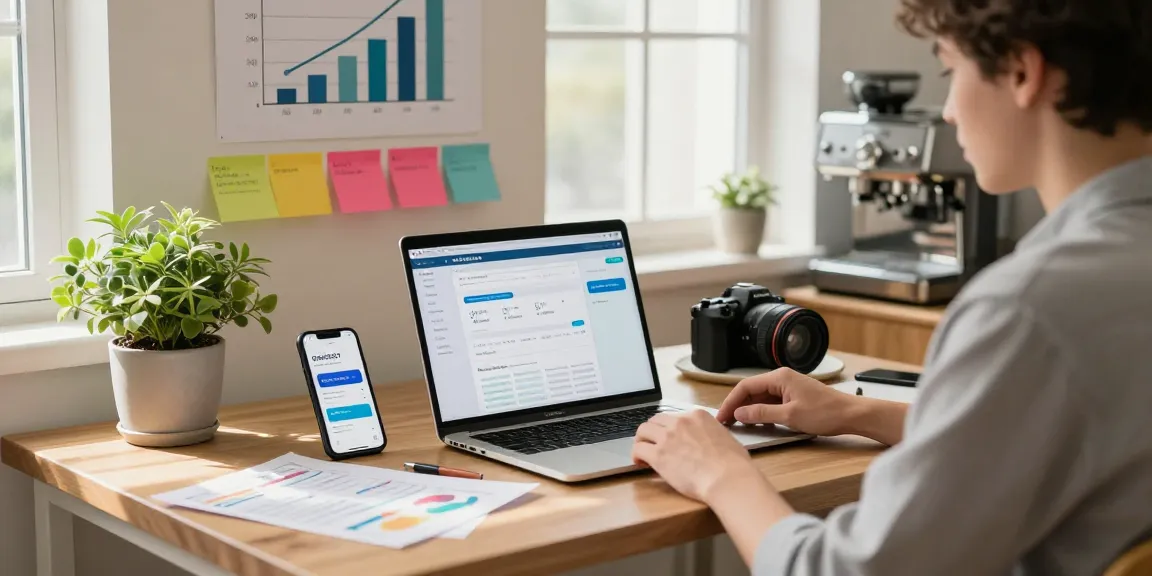Pengusaha muda menggunakan GEGESLOT di meja dengan smartphone dan rencana pemasaran di sekitarnya.