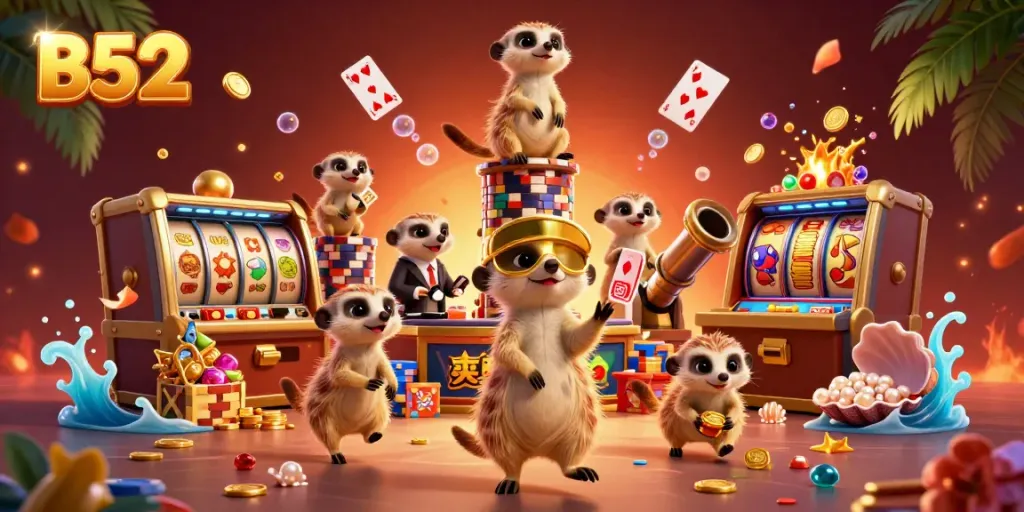 B52's lively meerkat casino scene showcasing card dealers and lively gameplay.
