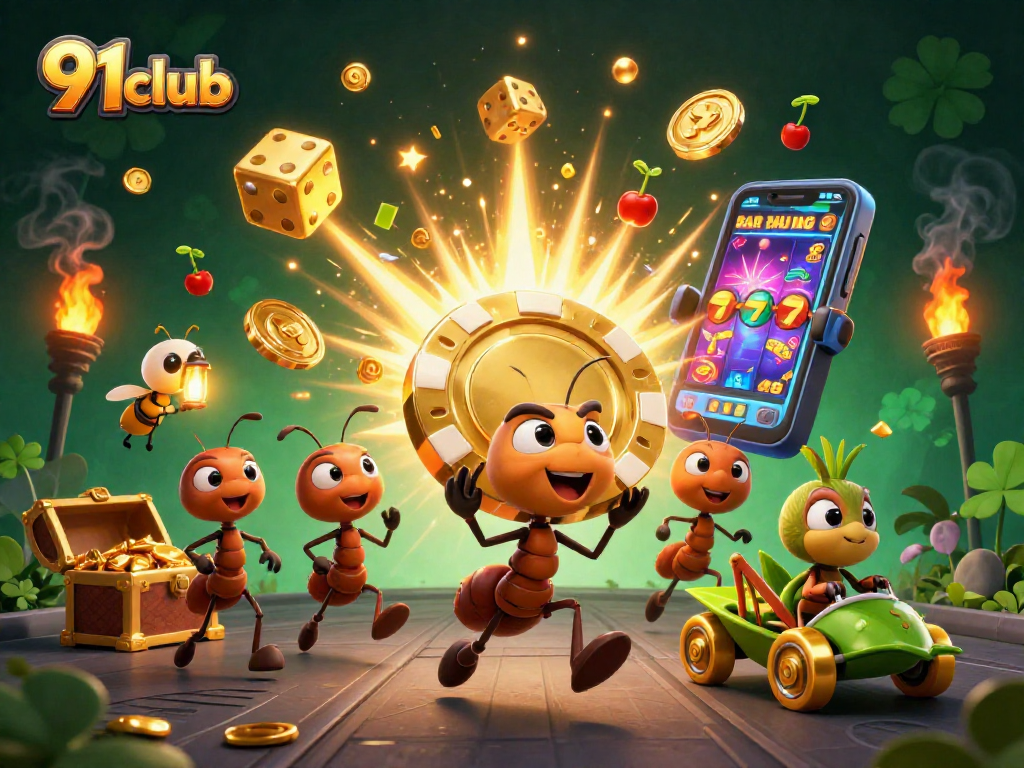 Engage in thrilling color predictions with 91club's illustrated heist scene featuring ants and casino elements.