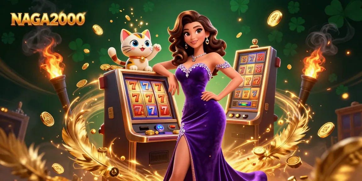 NAGA2000 menampilkan seorang wanita glamor merayakan kemenangan jackpot dengan kucing keberuntungan dan elemen kasino yang dinamis.