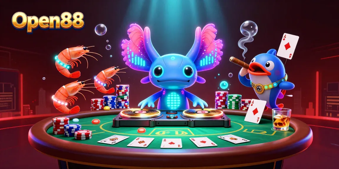 Experience the vibrant underwater party at Open88, featuring a neon axolotl DJ and a lively crew of sea creatures.