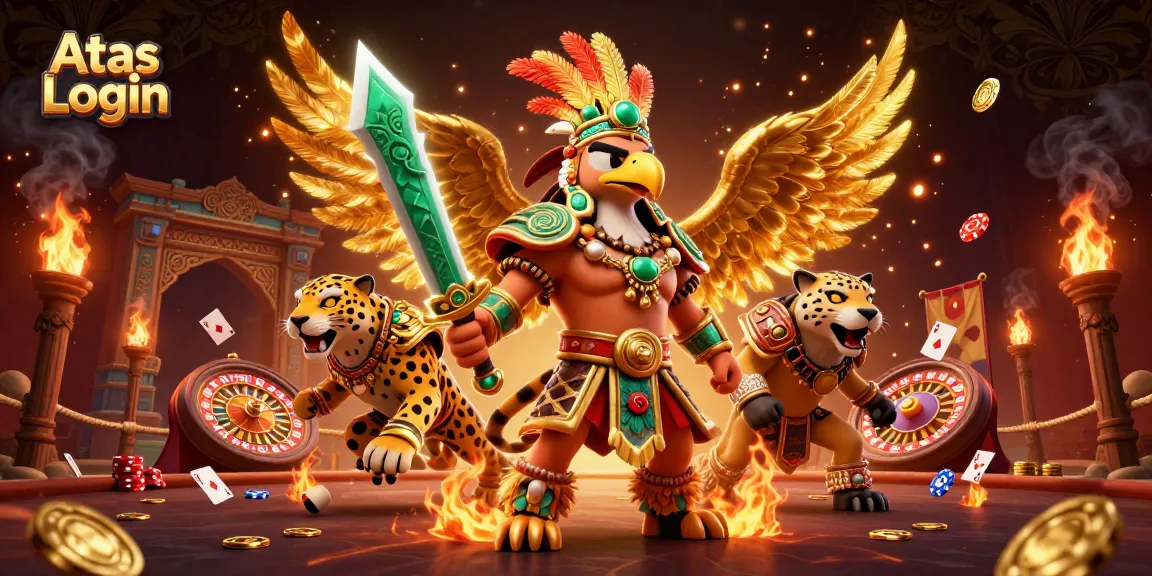Engage with endless excitement through Atas Login in a vibrant casino scene filled with dynamic characters and game elements.