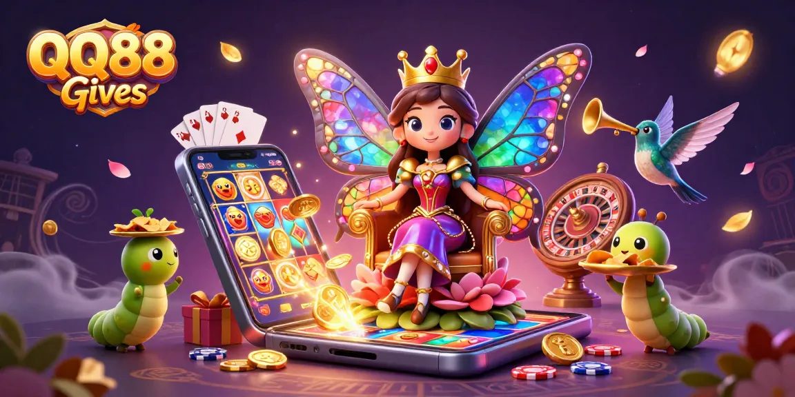 Spin colorful slot games and win big with QQ88 Gives, featuring dynamic casino elements in a vibrant illustration.