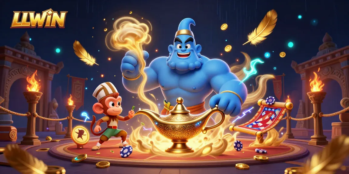 Engage in thrilling bets with LLWIN’s captivating casino world featuring a magical genie scene.