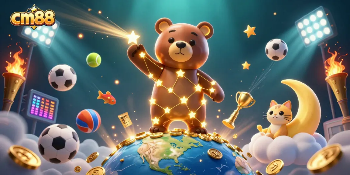 Experience thrilling gameplay at cm88, featuring a 3D colorful casino scene with dynamic sports elements and starry characters.