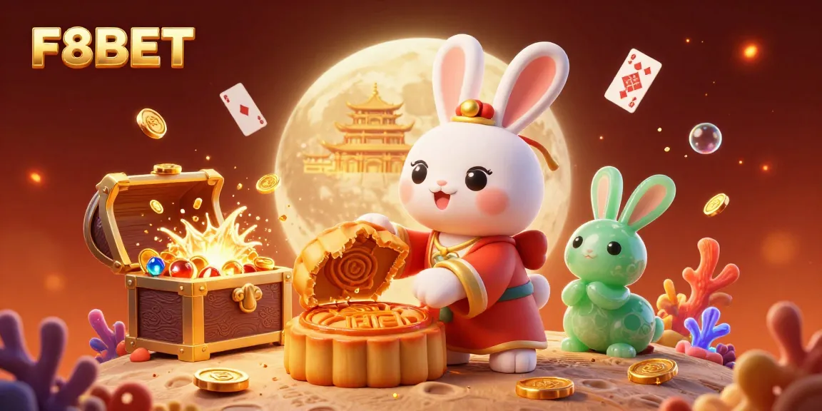 F8BET offers thrilling gaming experiences with a moon rabbit and treasure in a vibrant 3D illustration.