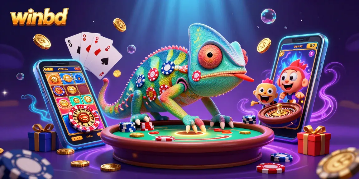 winbd casino owner chameleon collects golden coins in a colorful gaming scene with mobile slots