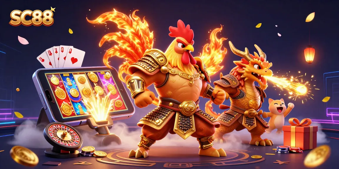 Engage in thrilling casino adventures with SC88's vibrant 3D illustration showcasing exciting gaming action.