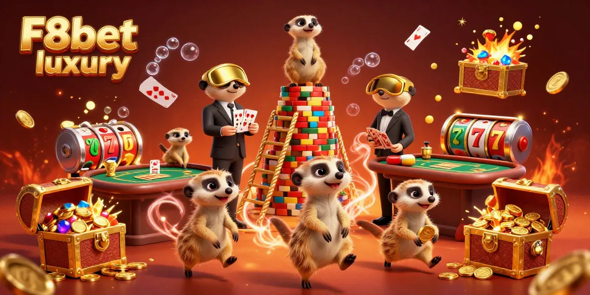 Engage in thrilling betting action at F8bet luxury with playful meerkats managing a vibrant casino.