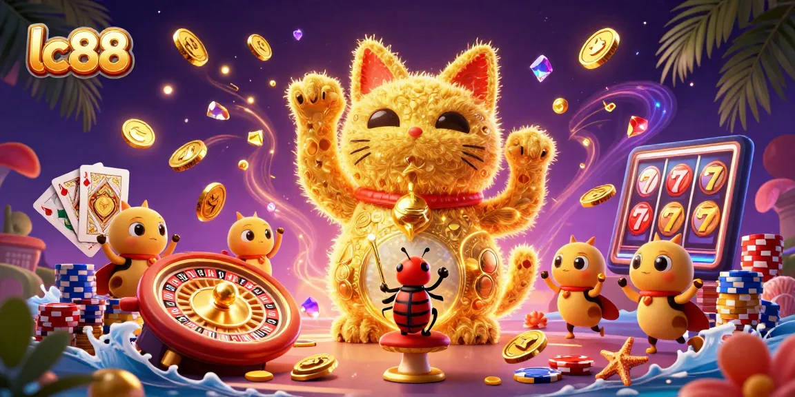 Win big at lc88 with a vibrant scene of a lucky cat and dynamic casino elements.