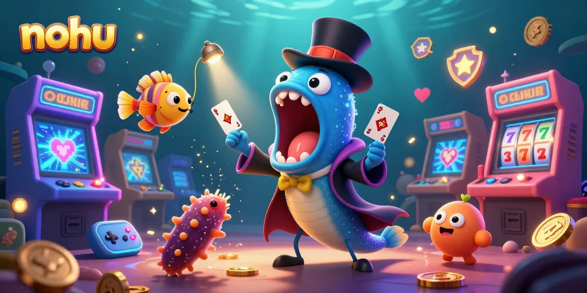 Nohu reveals winning card tricks in a vibrant underwater casino scene filled with gambling elements.