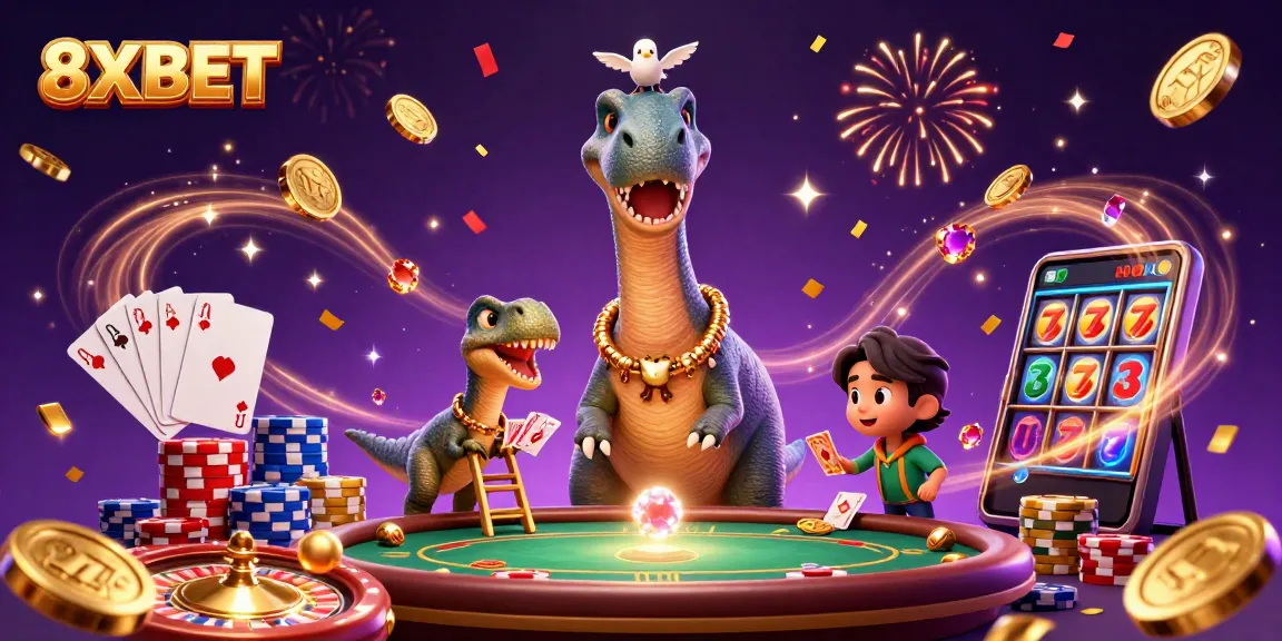 Engage with 8XBET's lively casino scene featuring cartoon dinosaurs, a poker table, and dynamic gaming elements.