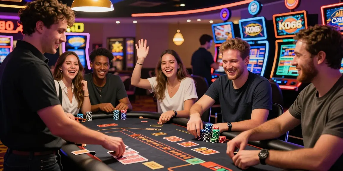 Exciting KO66 casino scene with friends celebrating at a gaming table.
