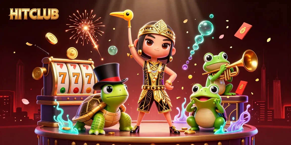 Join the HITCLUB with a vibrant 3D casino scene featuring slots, golden coins, and engaging characters.