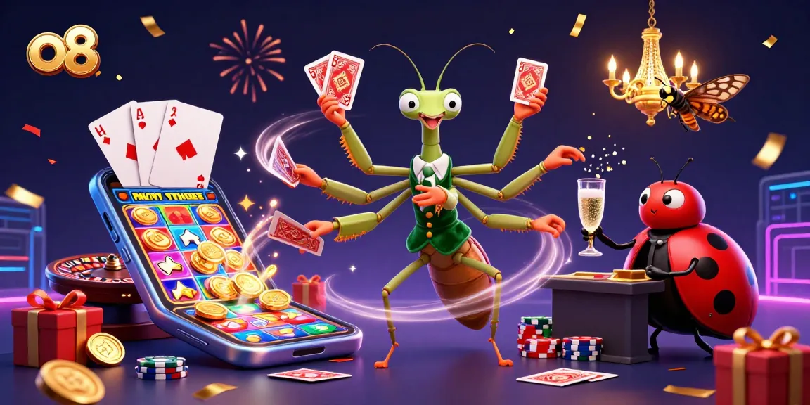 Join the o8 casino experience with a praying mantis card sharp and ladybug pit boss amid vibrant slot games and confetti.