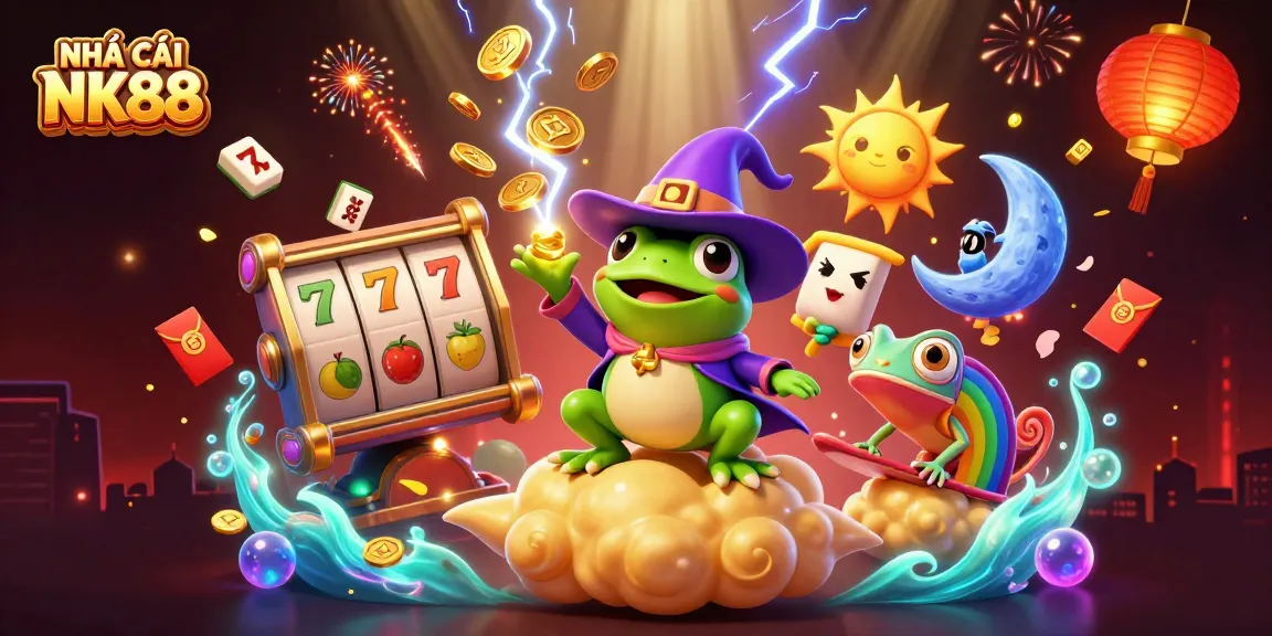 Win big at NHÀ CÁI NK88 with an enchanting 3D illustration of riches, excitement, and game elements.