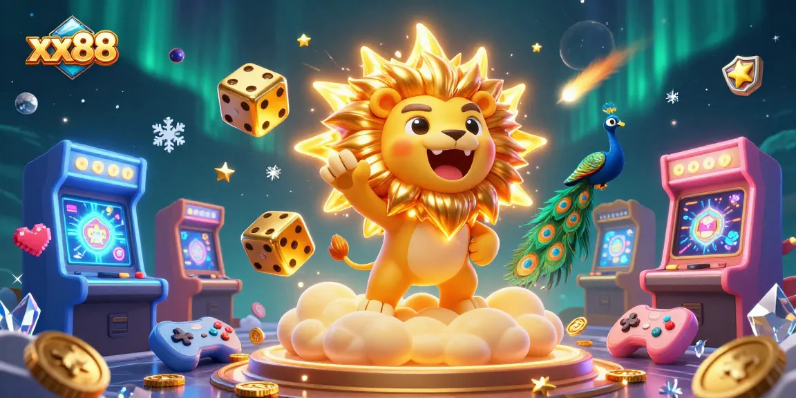 Engage with xx88's thrilling casino experience featuring a roaring lion and lively gaming elements.